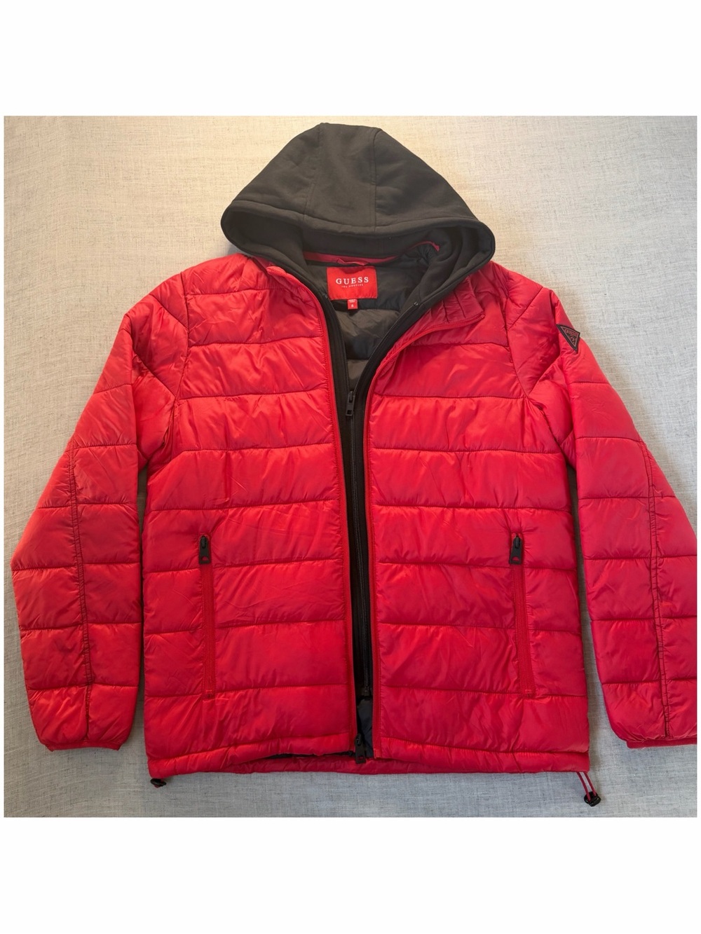Guess Red Quilted Jacket with Black Hooded Lining